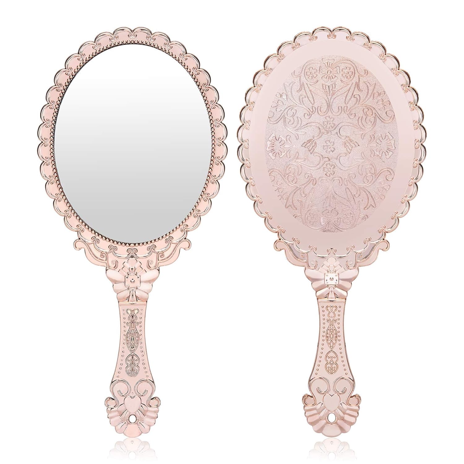 YUSONG Vintage Handheld Mirror, Small Hand Held Decorative Mirrors for Face Makeup Embossed Flower Portable Antique Travel Personal Cosmetic Mirror with Powder Puff (Rose Gold): Beauty