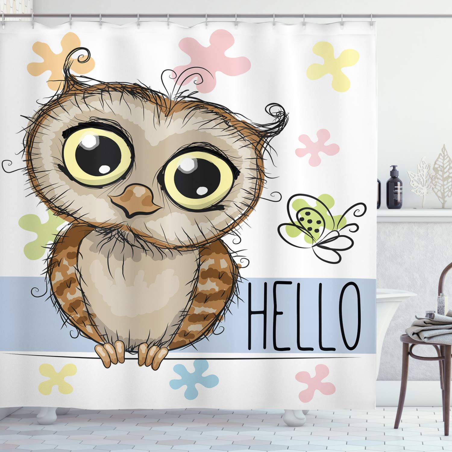 ABAKUHAUS Owls Shower Curtain, Cartoon Owl and a Butterfly on Floral Background Hello Message Illustration, Cloth Fabric Bathroom Decor Set with Hooks, 94 Inches, Multicolor