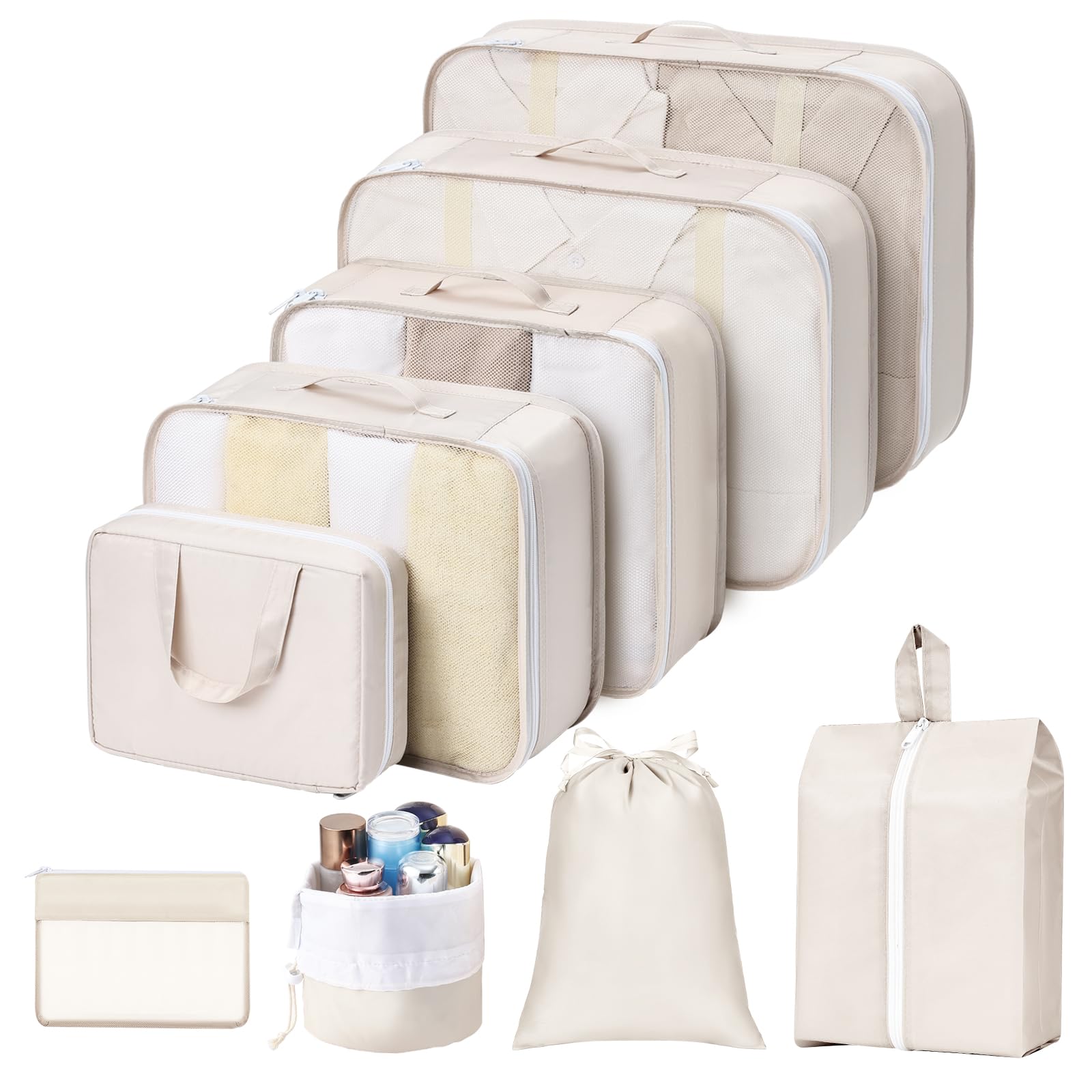 Packing Cubes for Travel, Large Packing Cubes Organizer Bags Set, Packing Cubes for Suitcase Organizer for Luggage with Makeup Bag/Shoes Bag/Laundry Bag 9 Set (Beige)