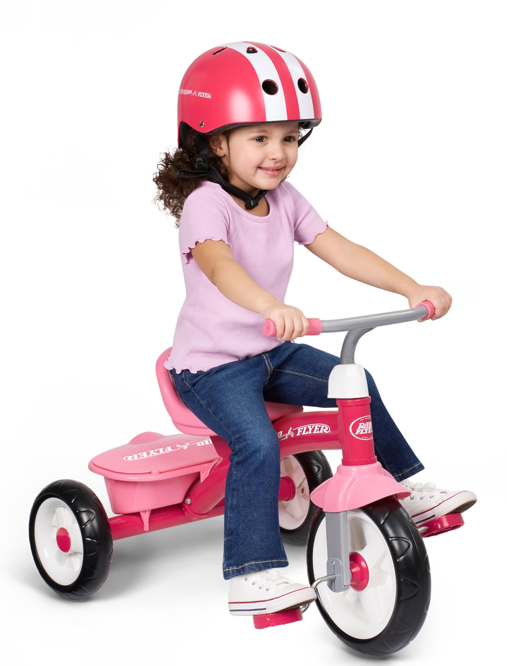 Radio Flyer Pink Rider Trike, Ages 2.5-5, Adjustable Seat, Steel Construction, Quiet Ride Wheels, Storage Bin, Comfort Grip Handlebars, Tricycle for Toddlers, Amazon Exclusive