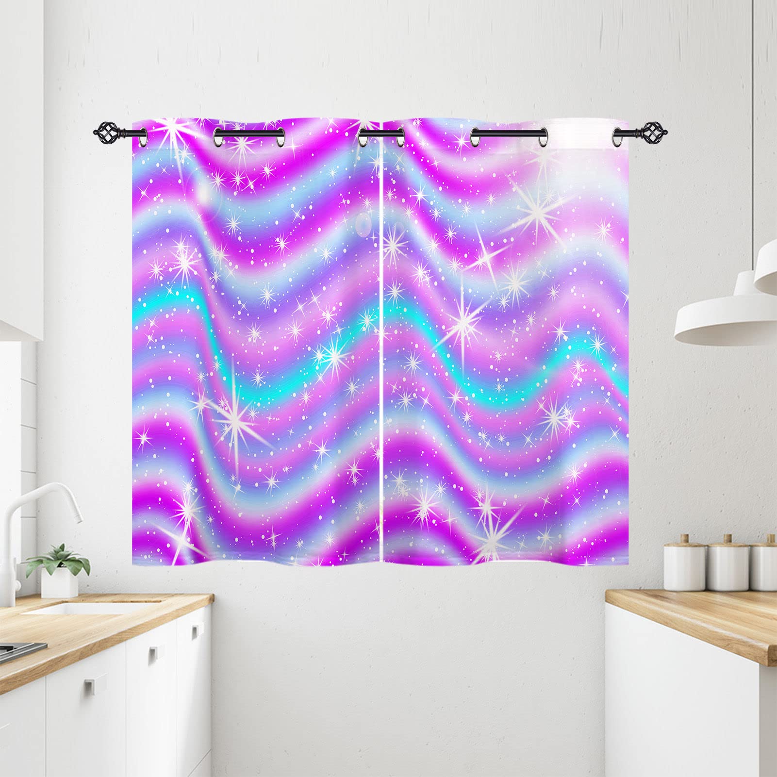 ANHOPE Colorful Curtains Eyelet Soft Thermal Insulated Ring Top 80% Blackout Curtains with Rainbow Galaxy Stars Print Pattern Window Drapes for Kids Girls Bedroom Living Room 28 x 54 Inch 2 Panels