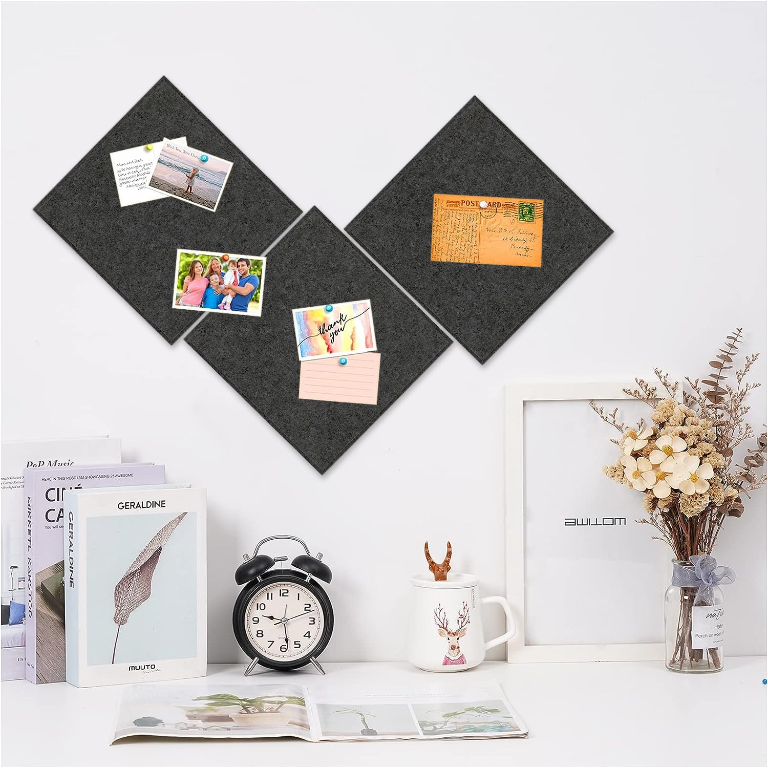Filz Pinnwand,12 Stück Selbstklebende Korkplatte,30x30CM Groß,DIY Filz Memoboards Set für Fotos,Zeitpläne,Bulletin Board für Kinderzimmer,Klassenzimmer,Büro(montiert 121.9 cm x 96.5 cm) Dunkelgrau 2
