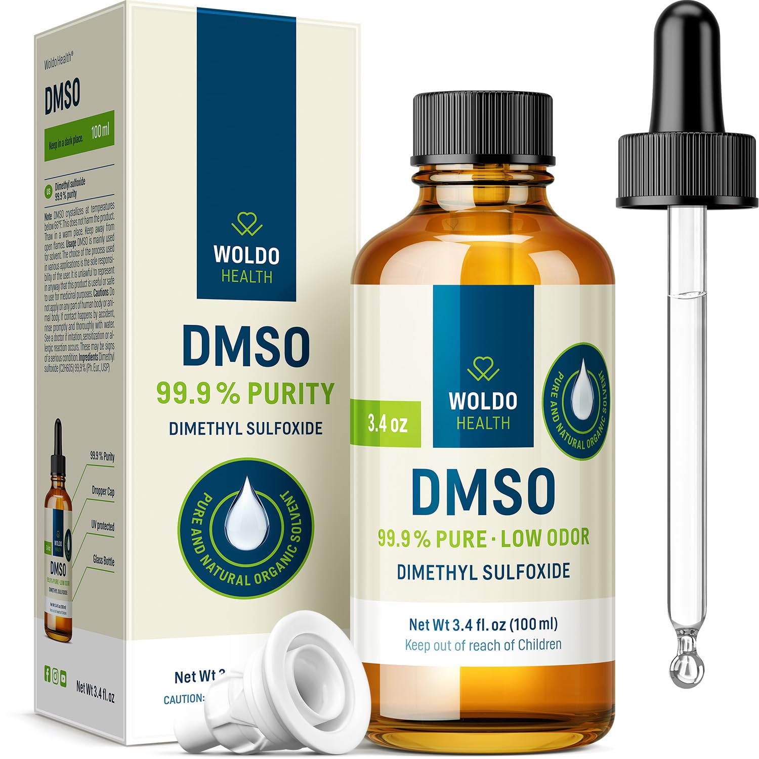Photo 1 of WoldoHealth DMSO 99.9% Pharmaceutical Grade 3.38 oz - FT-IR Verified Dimethyl Sulfoxide, Low Odor Solvent in Glass Bottle with Precision Dropper