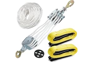 WHSSFINE 4000LB 65 Feet Rope Hoist Pulley with 2 Sling Strap, 2 Ton Wheel Block and Tackle System 7:1 Ratio Lifting Power White Rope