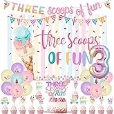 Jollyboom Three Scoops of Fun Birthday Decorations for Girls, Ice Cream 3rd Birthday Decoration Backdrop Banner Cake Cupcake Topper for Girl Summer Ice Cream Theme Three is So Sweet Party