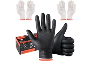 ANBOSON BBQ Gloves for Grilling Disposable Heat Resistant - 100 Nitrile Gloves + 4 Reusable Cotton Liners for Barbecue Smoker, Cooking Hot Meat - 10Mil Thick, Non-Slip Grip - Black Large