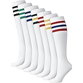 Breathffy 7 Pairs Retro Striped Tube Socks White over the Calf Tube Hoses Men Knee High Striped Athletic Socks for Men, Size 10-13, Multicolor
