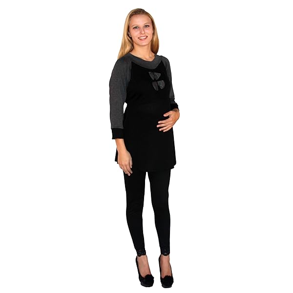 Two Piece Maternity Black Outfit Set with White Elastic Waist Leggings Long Sleeve