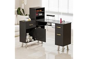 Belandi Manicure Table with Shelves, L-Shaped Nail Table Station w/Electric Downdraft Vent, Foldable Nail Arm Rest, Storage Cabinets, Drawers, Metal Handles & Legs for Nail Tech(Black)