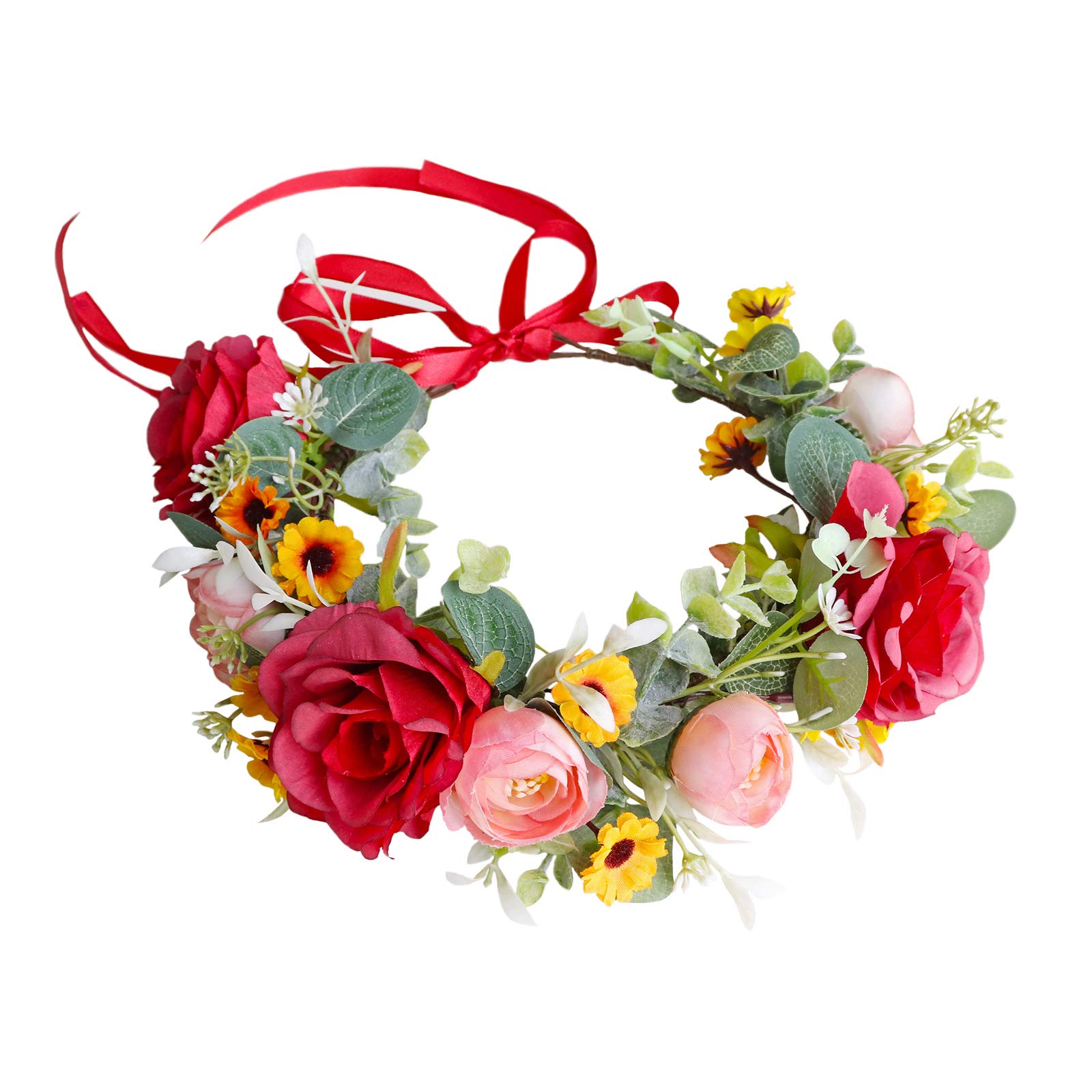 Photo 1 of Vivivalue Women Floral Crown Flower Garland Headband Hair Wreath Floral Headpiece Halo Boho with Ribbon Wedding Party Red