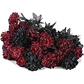 starcorss line Black Burgundy Artificial Flowers Dahlia Bouquet - Lifelike Faux Gothic Floral Arrangement - 20 Piece Set for Black Red Gothic Decor or Unique Valentine's Accents