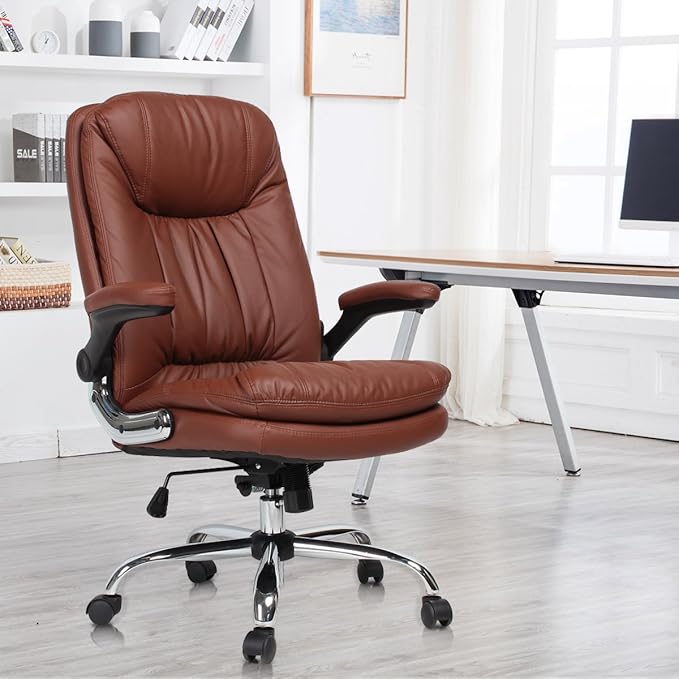 YAMASORO Ergonomic Office Desk Chair with Flip-Up Arms and Comfy Headrest PU Leather High-Back Computer Chair Big and Tall Capacity 350lbs Brown