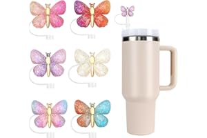 MOVOLIVI Stanley Straw Cover, 6PCS Glitter Straw Cover Cap for Stanley Cup, Reusable Straw Toppers Cute Funny Stanley Cup Accessories Compatible with 10mm Straw (ButterflyB)