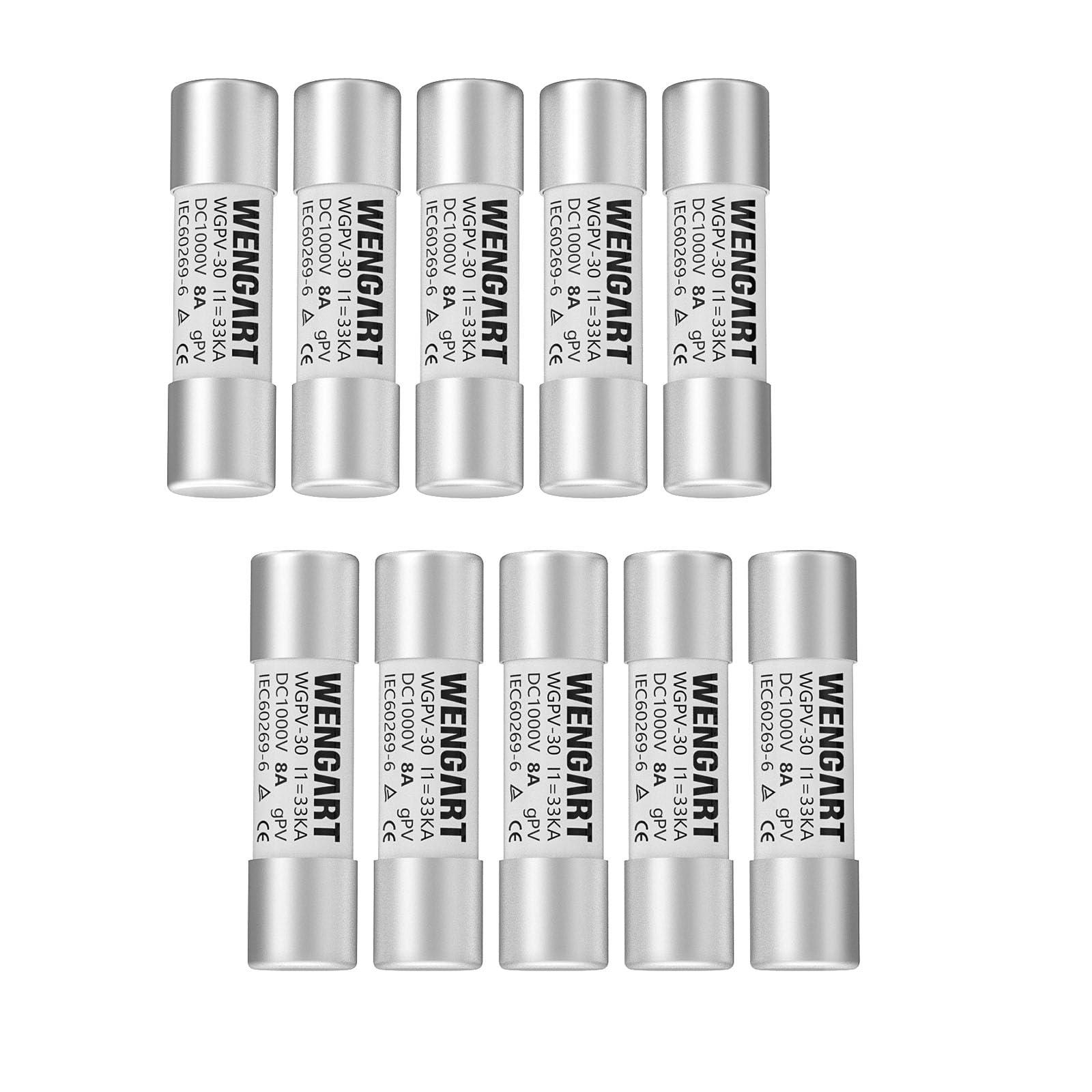 Wengart Solar Fuses WGPV-30,Fast Photovoltaic Fuses for Solar Photovoltaic Applications,DC1000V 8Amp,10x38mm,I133kA,10pcs