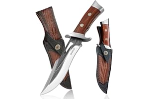 Omesio Fixed Blade Knife with Sheath, 11.22'' Full Tang Survival Hunting Knife for Men, 5.7" Large AST Mold Steel Blade Wood 