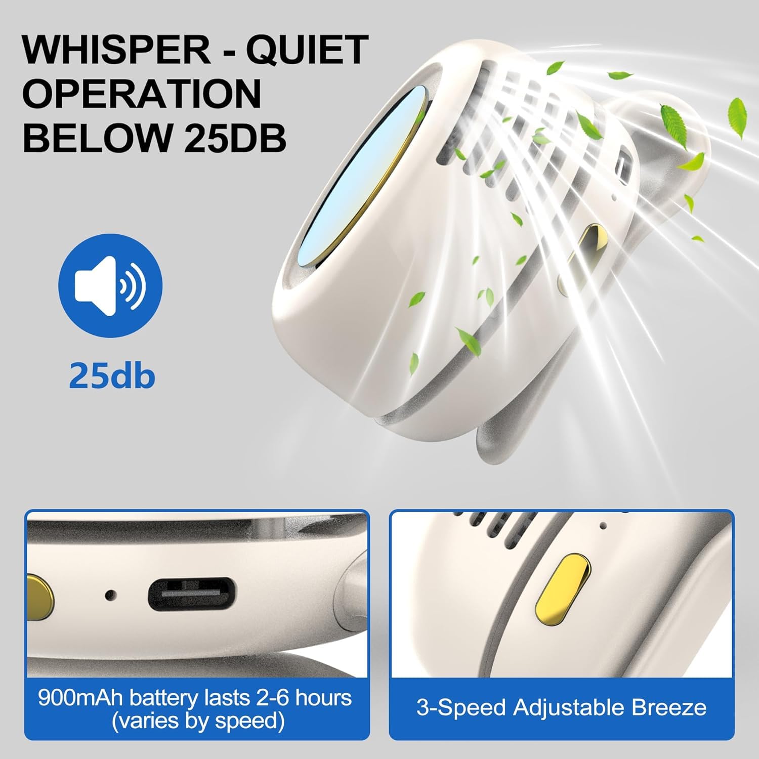 Clip On Mini Bladeless Fan - Portable 3-Speed Personal Fan with USB-C, for Waist, Bag & Neck (White)