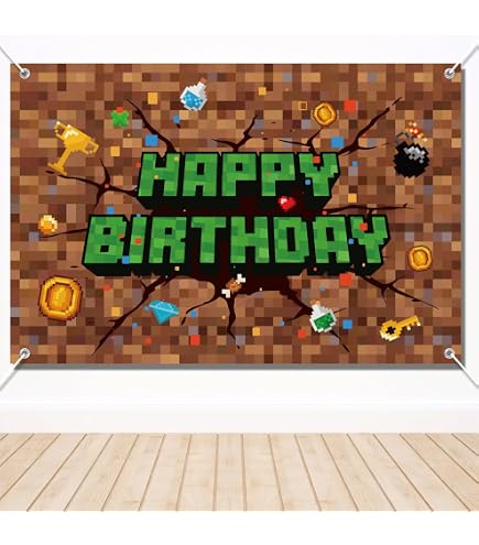 Pre-Strung Video Game Theme Happy Birthday Banner - No DIY, Pixel Party Decoration For Boys