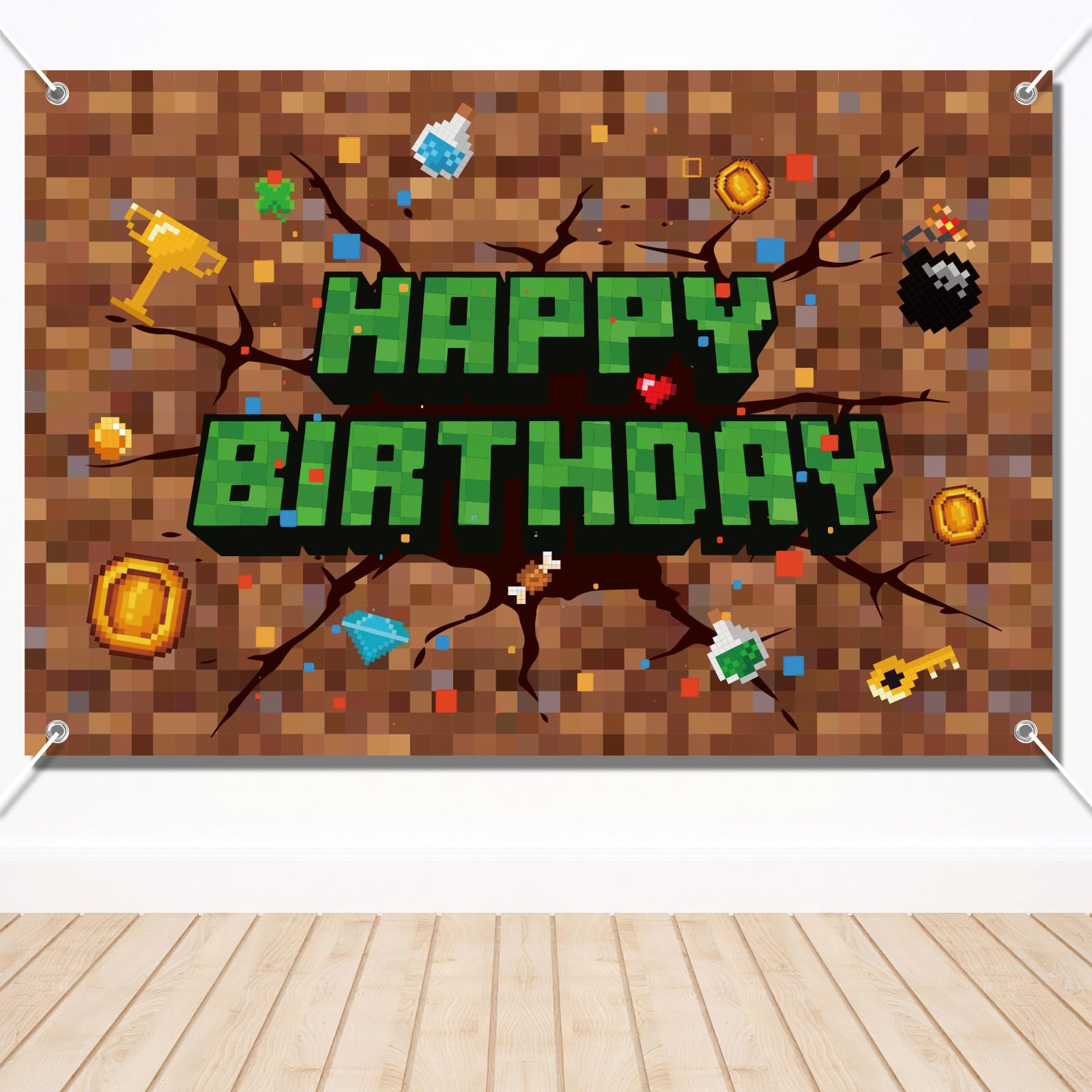 Photo 1 of Pixel Birthday Decorations, 5x3 ft Happy Birthday Banner Backdrop for Miner TNT & Pixel Themed Celebration Kids Boys Game Party Supplies