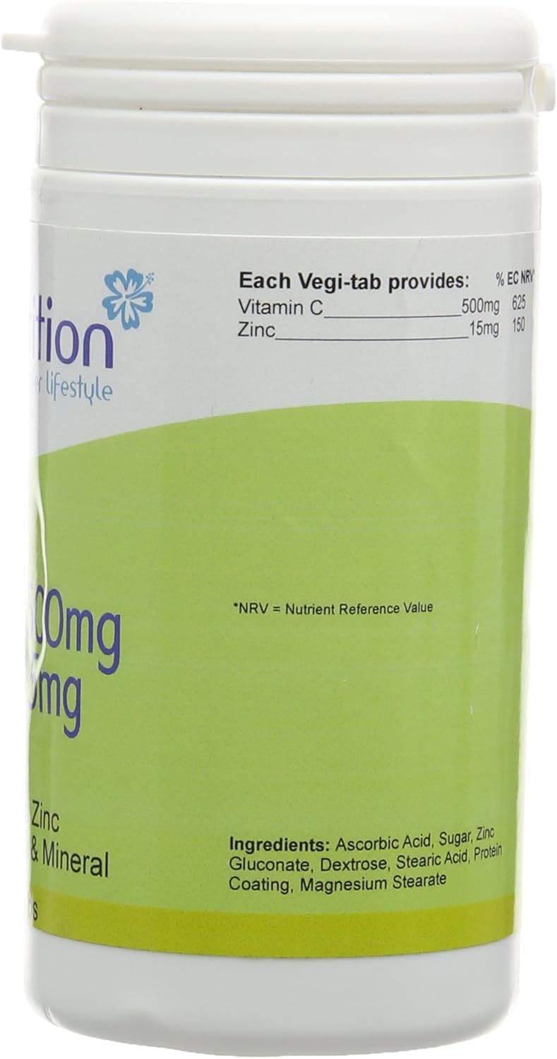 Bio Nutrition Vitamin C 500mg + Zinc 15mg : Antioxidant and Immune Vitamin and Mineral Combination : 125 Vegi Tablets - Image 3
