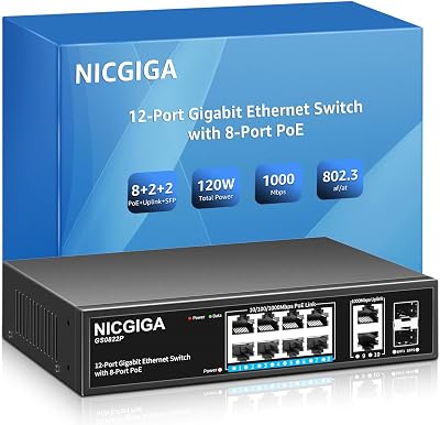 NICGIGA 8 Port Gigabit PoE+ Switch Unmanaged 120W 2 Uplink 2 SFP Wall Mount