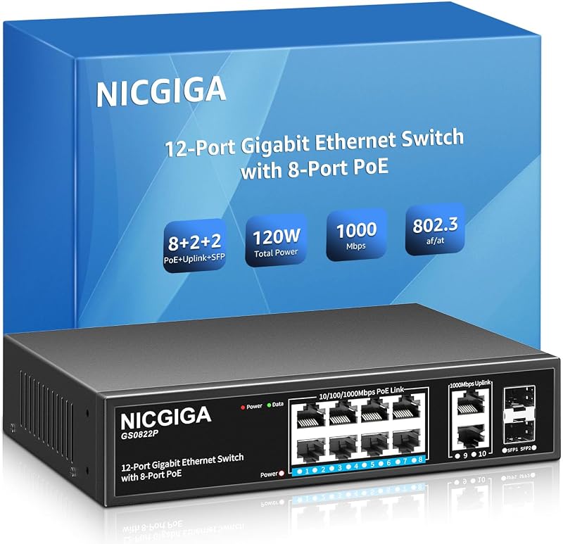 NICGIGA 8 Port Gigabit PoE+ Switch Unmanaged 120W 2 Uplink 2 SFP Wall Mount