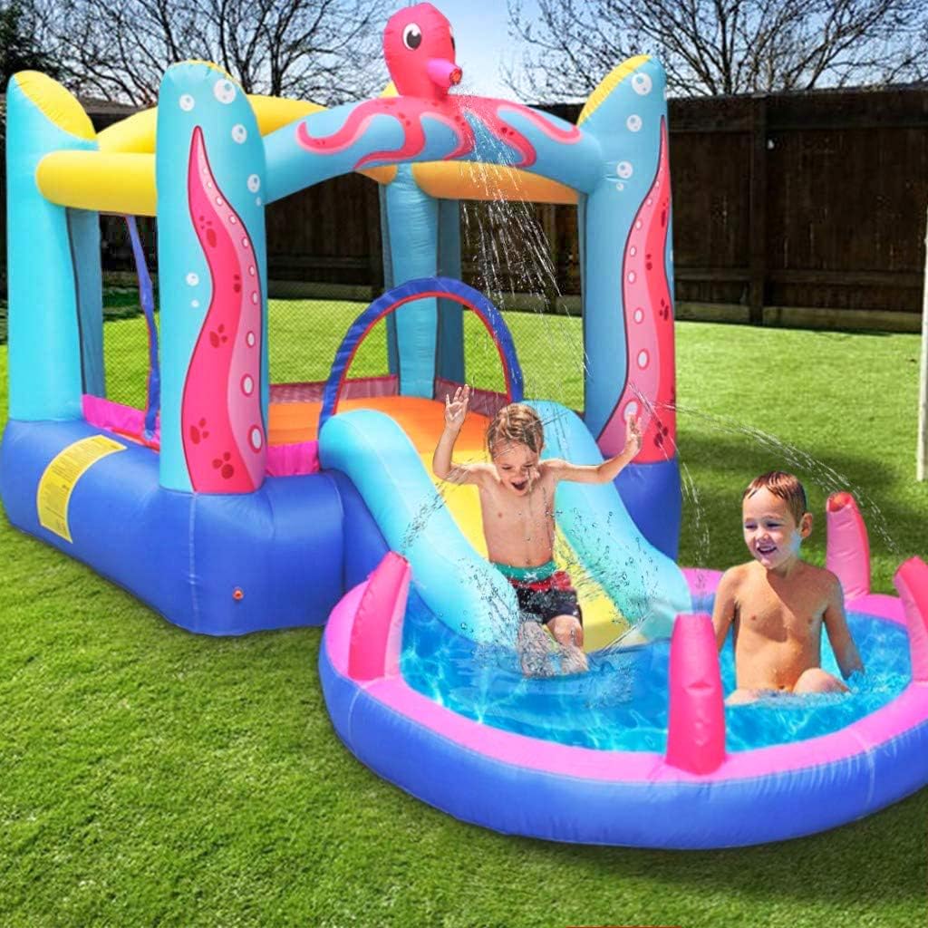 MEIOUKA Kid Inflatable Bounce House Castle with Water Slide 350W Blower Spray Water Pool Ball Pit Octopus Blow up Inflatable Jumping Bouncy Houses for Kids Toddlers Outdoor Indoor Bouncer Party Toys