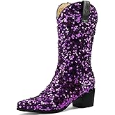 KISSASA Sequin Sparkly Mid Calf Cowboy Boots Glitter Wedding Chunky Heeled Cowgirl Boots