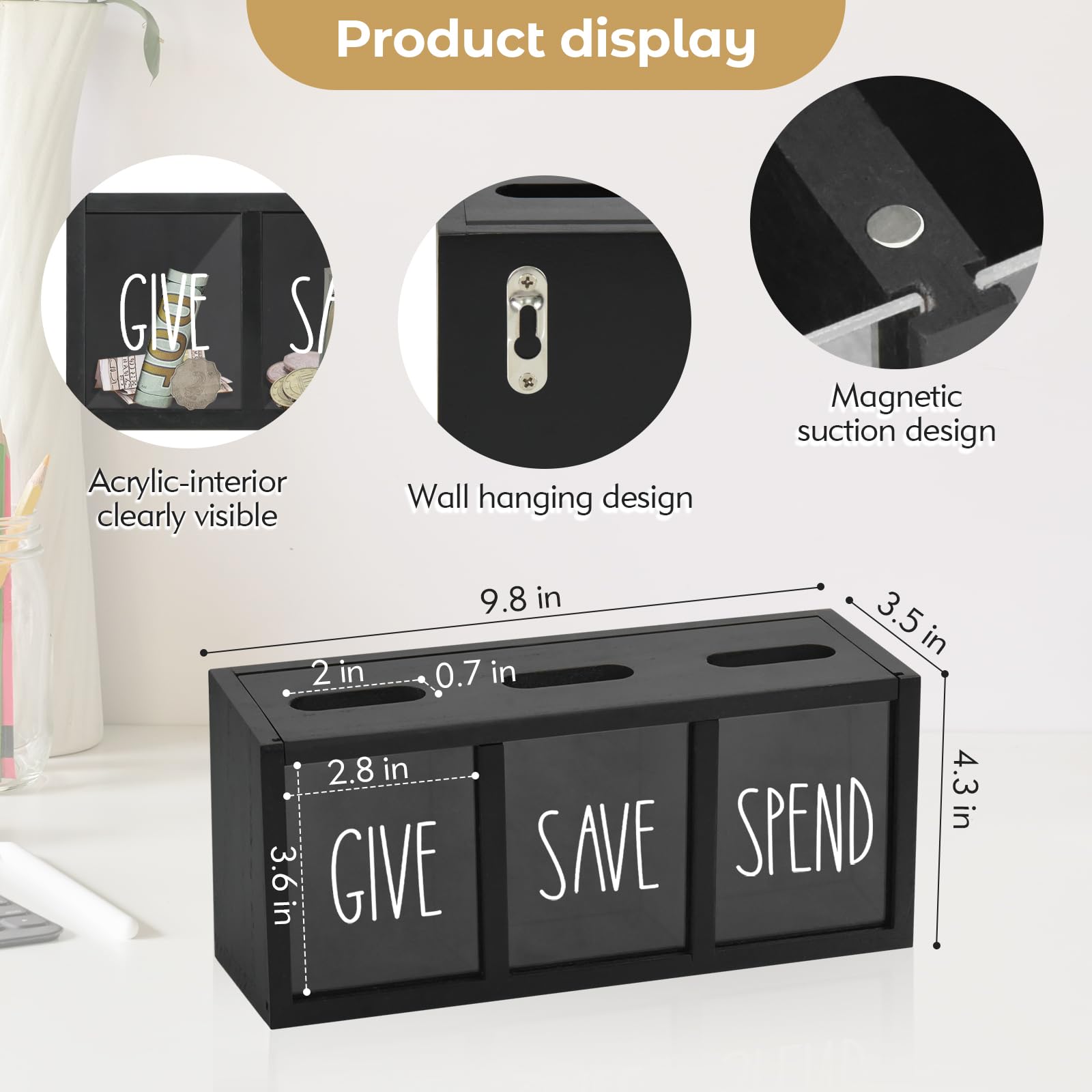 Wooden Give Save Spend Money Saving Box for Kids, Countertop Kid Piggy Bank for Daily Cash, Wall-Mount Kids Banks for Bills and Coins, Visualized Piggy Bank for Bedroom, Living Room, Laundry Room…