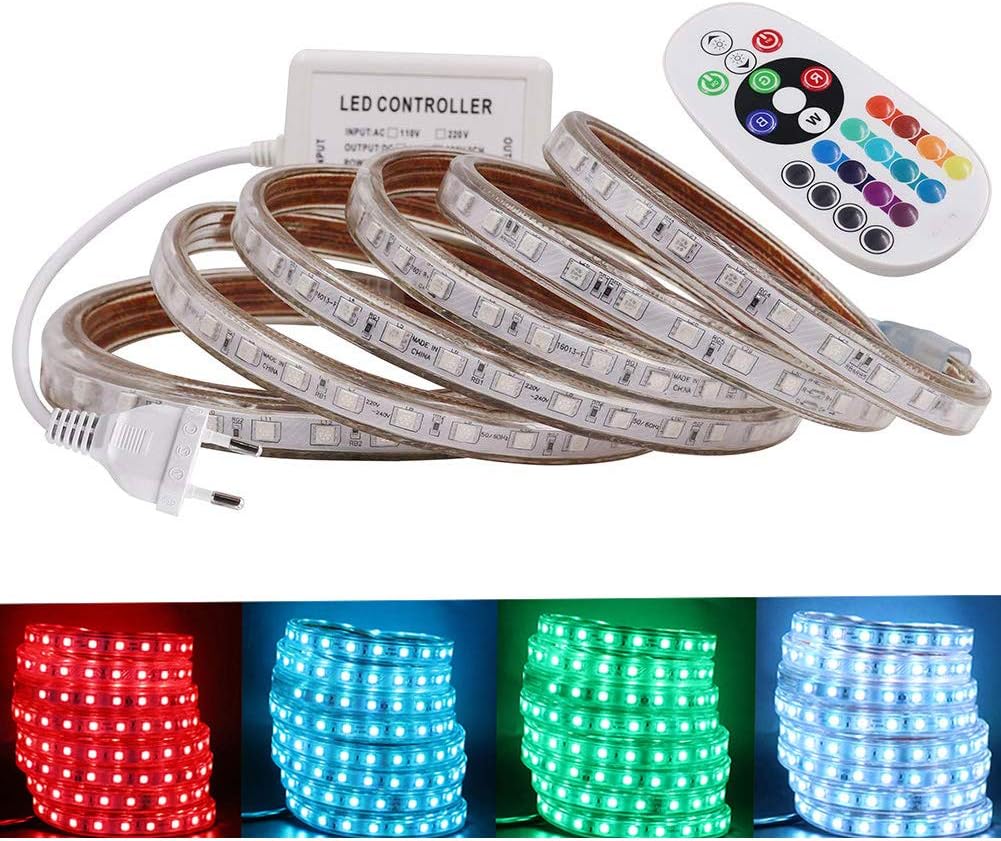 20m CA 220V 240V Iluminaci/&oacute;n interior para interiores con alimentaci/&oacute;n SMD 5050 60LEDs // m Cuerda de luz controlador remoto de 24 teclas XUNATA IP67 Kit de tiras de LED RGB a prueba de agua