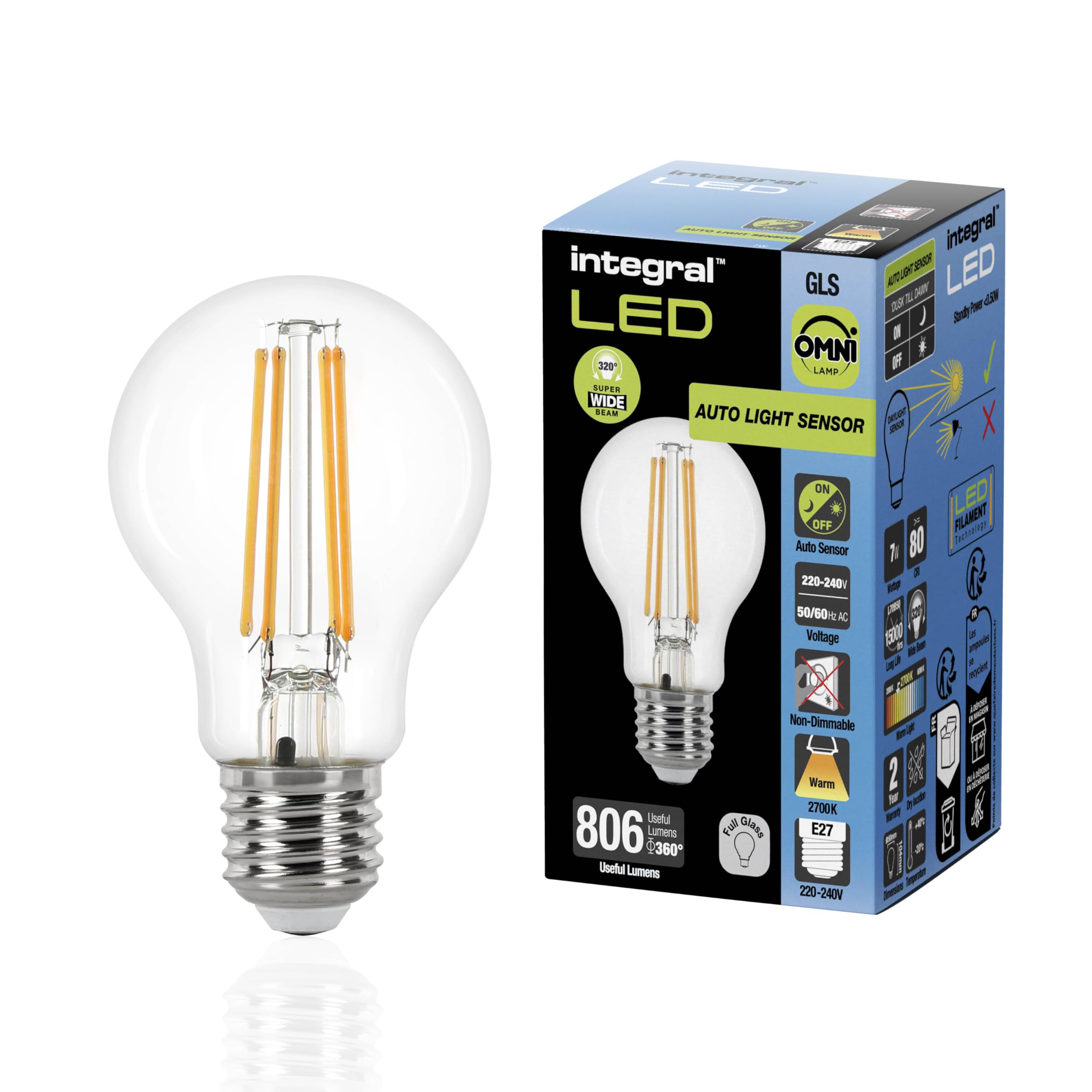 Integral LED E27 Non-Dimmable Dusk to Dawn Dual Sensor Omni-Filament GLS Bulb – Warm White 2700K, 806lm, 7W (60W Equivalent) - Energy efficient & Ideal for Outdoor, Porch, Garage, Garden, Patio