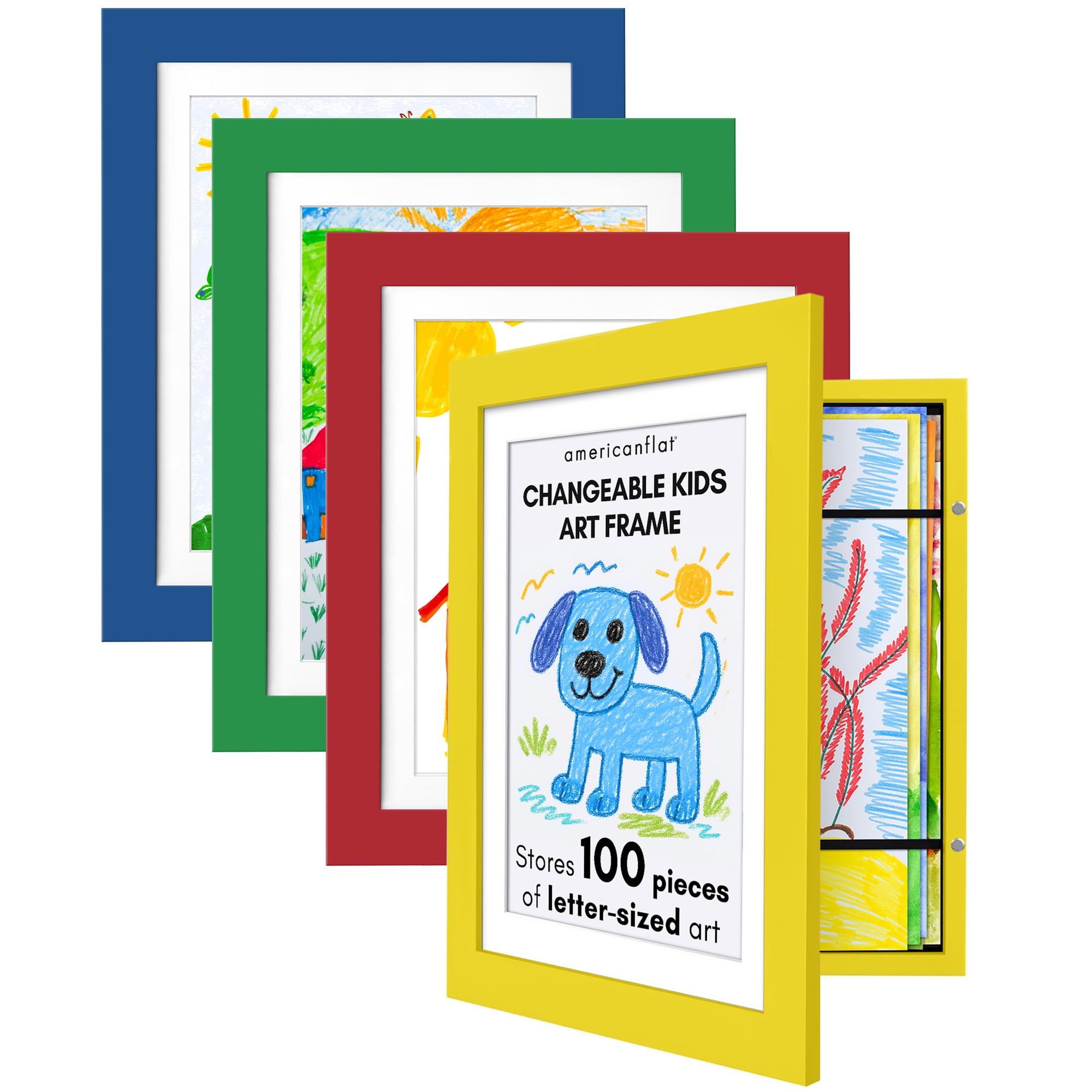 Americanflat - 4 Pack - Kids Artwork Frame Changeable (Multicolor) - Magnetic Door Holds 100 Art Pieces - 8.5x11 Letter Size Display with Mat or 10x12.5 Without Mat - My Mini Masterpiece Image