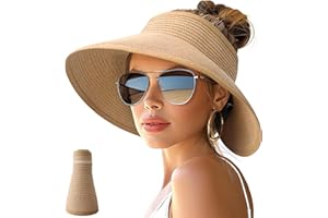 Sun Hats for Women Wide Brim Beach Hat Straw Visor Ponytail Summer UV Packable Foldable Beach Vacation Essentials