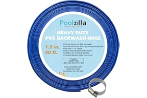 Poolzilla 1.5" x 50' Heavy Duty Swimming Pool Backwash Hose - Extra Thick PVC Drain Hose For Above Ground and Inground Pools - Designed For Maximum Flow - 1 Hose With Stainless Steel Clamp