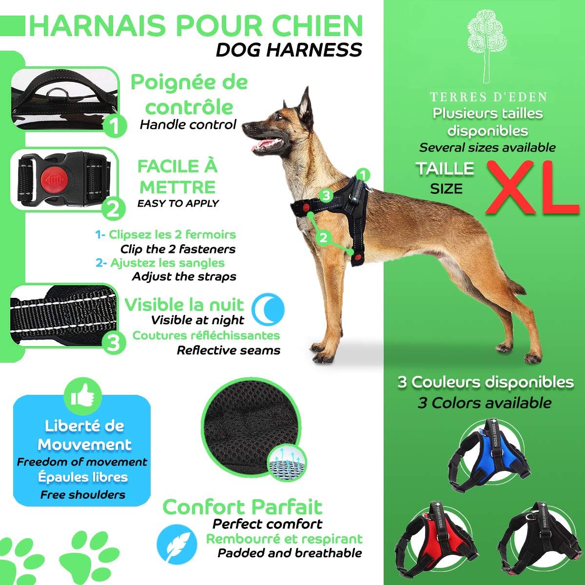 Terres Deden Harnais Gros Chien Harnet Arnais Réglable Pour Grand Chien Idéal Pour Berger Allemand Golden Retriever Boxer Rottweiler Cane Corso