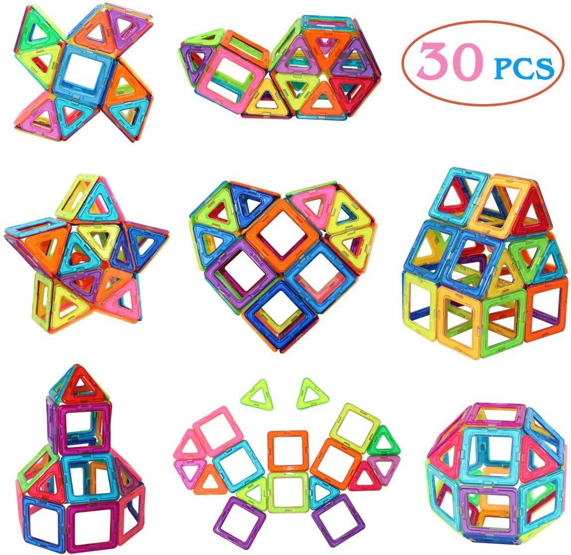 Manve Magnetic Tiles Building Blocks Toys, 30 Pcs Preschool Kids Educational Construction Toys Sets