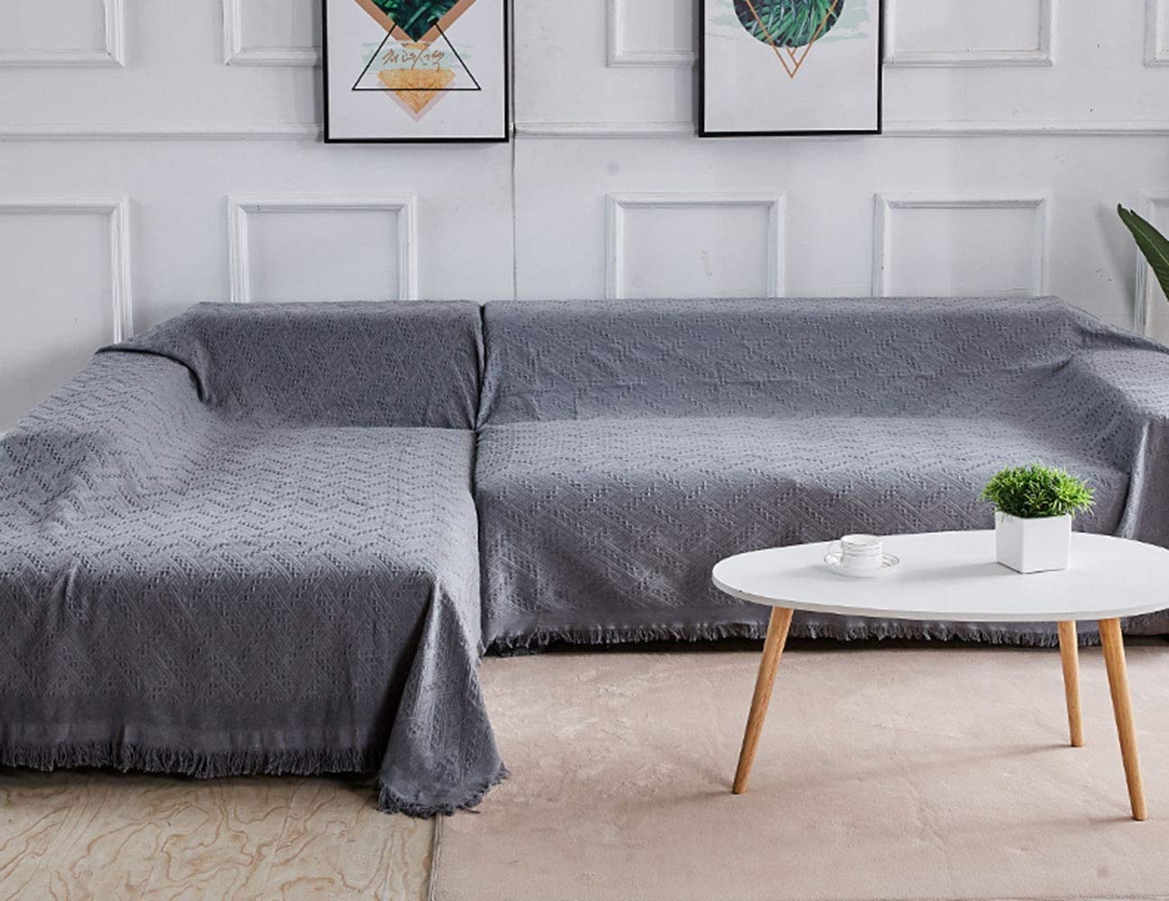 Photo 1 of Rose Home Fashion Geometric Jacquard Sectional Couch Covers for Sectional Sofa - 2 Pieces Washable L Shape Couch Cover Blanket with Tassels, Furniture Protector for Dogs (X-Large, Dark Gray)