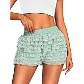 ChiaoLezhee High Waisted Ruffle Shorts for Women Girls, Cute Lace Layered Bloomers, Going Out Mini Micro Bloomer