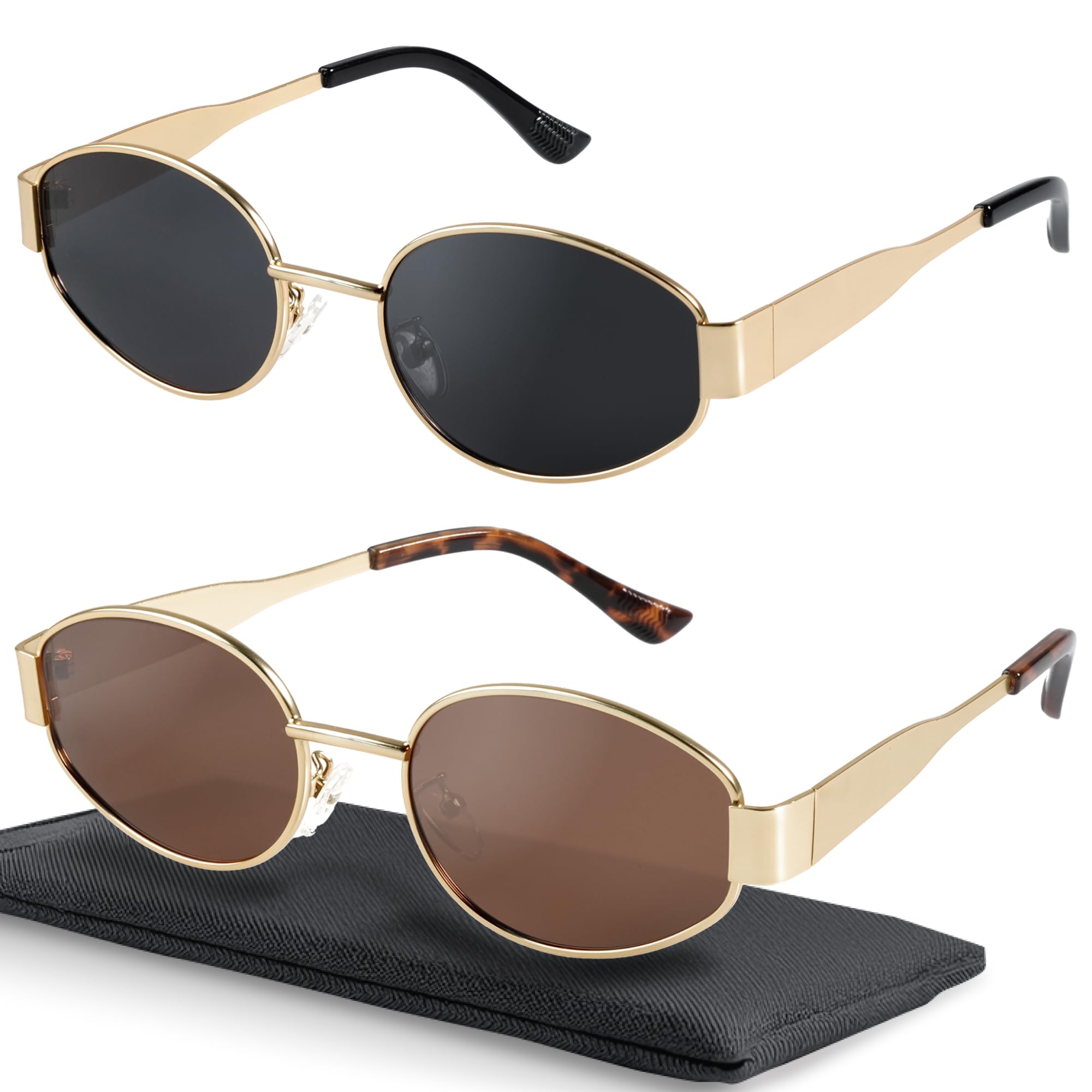 Photo 1 of livho Retro Polarized Sunglasses - UV400 Protection, Oval Shape, Metal Frames - Matching Soft Case Inlcuded