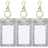 Weewooday 3 Pcs Silver Glitter ID Badge Holder with Clear Window Sparkling Badge Holder Key Chain Work Badges Reel Clip PU Leather Keychain Accessory for Nurse, Teacher, Student, Doctor, Women