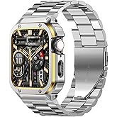MioHHR Stainless Steel Band and Case Compatible with Apple Watch Band 45mm, Men Metal Protective Bumper Cover for iWatch Series 9/8/7, Silver/Gold