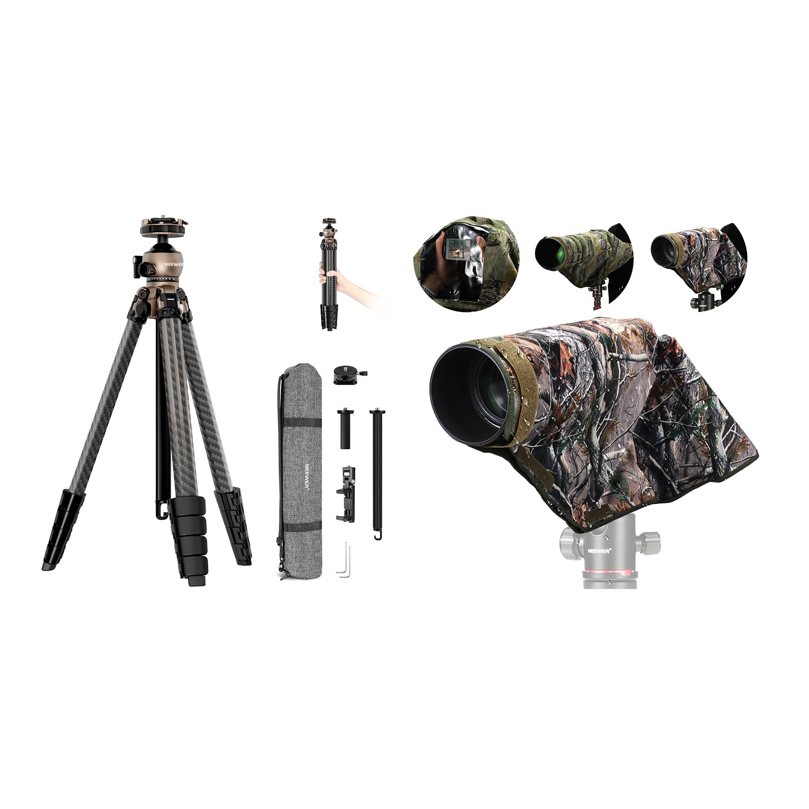 thumbnail image 2 of NEEWER LITETRIP LT35 Carbon Fiber Travel Tripod - 61" Max Height, 22lb Load, Pan Tilt Ball Head, Phone Clamp Included 2 of 13