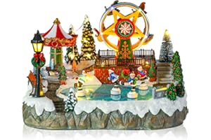MUMTOP Christmas Village Amusement Park with Moving Skaters, Light Up Animated Carousel and Ferris Wheel Set with Music for I