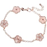 14K Gold Filled Clover Lucky Bracelet For Women - Double Sided Stone Plant Five Leaf Flower Adjustable Link Bracelets, 4 Leaf Clover Bracelet