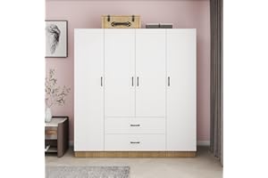 GraceGrove Armoire Wardrobe Closet with 4 Doors and 2 Hanging Rods 2 Drawers Wood Clothes Storage Cabinet Organization Shelving Armoire Large Capacity for Bedroom White