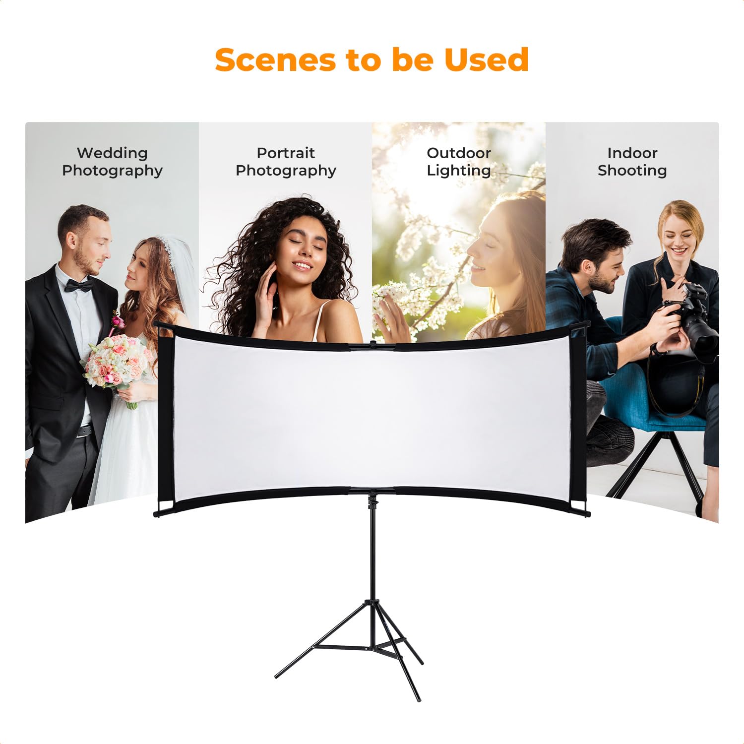 K&F CONCEPT U-Shape Reflector Curved Reflector 180x60cm with 4-in-1 Reflective Fabric, Black/Gold/White/Silver, with 1.9m Stand, with Storage Bag, for Photography Studios