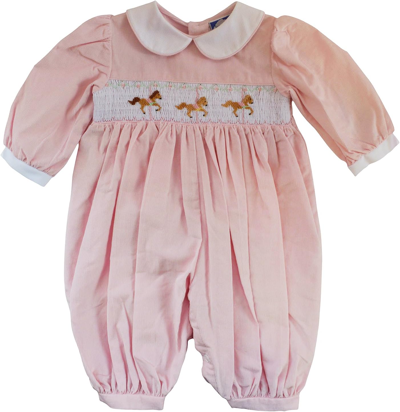 Baby Girls' Hand Smocked Holiday Longall - Pink Corduroy with Carousel Horses 22228