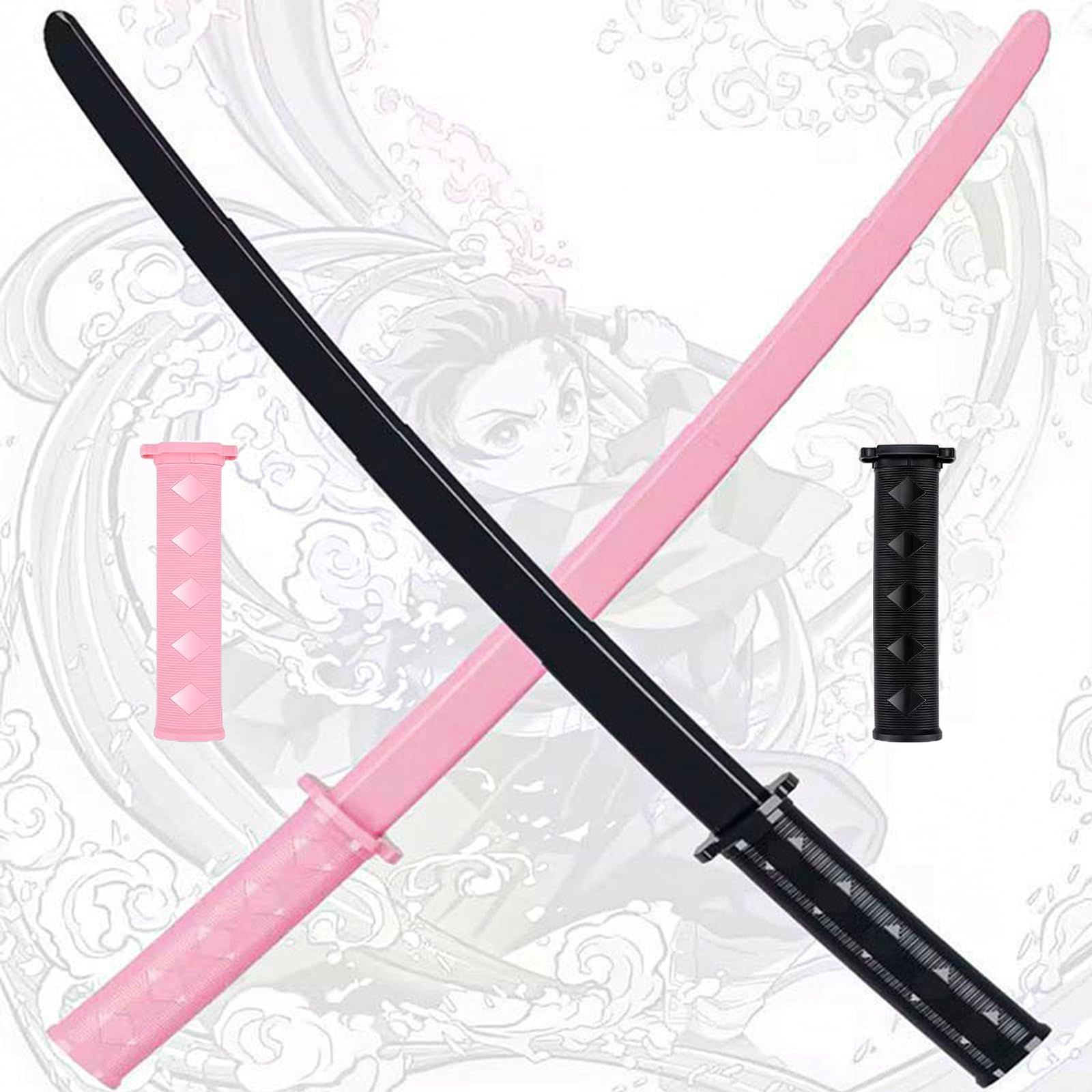 Photo 1 of 2PCS 3D Printed Gravity Retractable Samurai Sword Model Toys, Telescopic Plastic Katana Fake Sword Toy, Martial Arts Weapons for Play Fighting, Halloween Cosplay for Boys & Adults(Black and Pink)