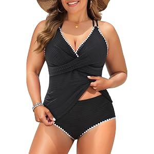 Ribbed Plus Size Tankini Swimsuits Two Piece Tummy Control Bathing Suits | Ribbed,Ruched,Tummy Control,High Waisted Bottom,Co