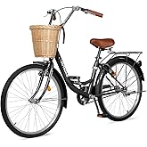 Max4out Women Bike Beach Cruiser Bike for Adult, 24 &amp; 26 Inch Comfort Bikes with Rattan Front Basket, Womens Bicycle with Adjustable Seat and Dual V-Brake (Pink &amp; White &amp; Green &amp; Purple &amp; Black)
