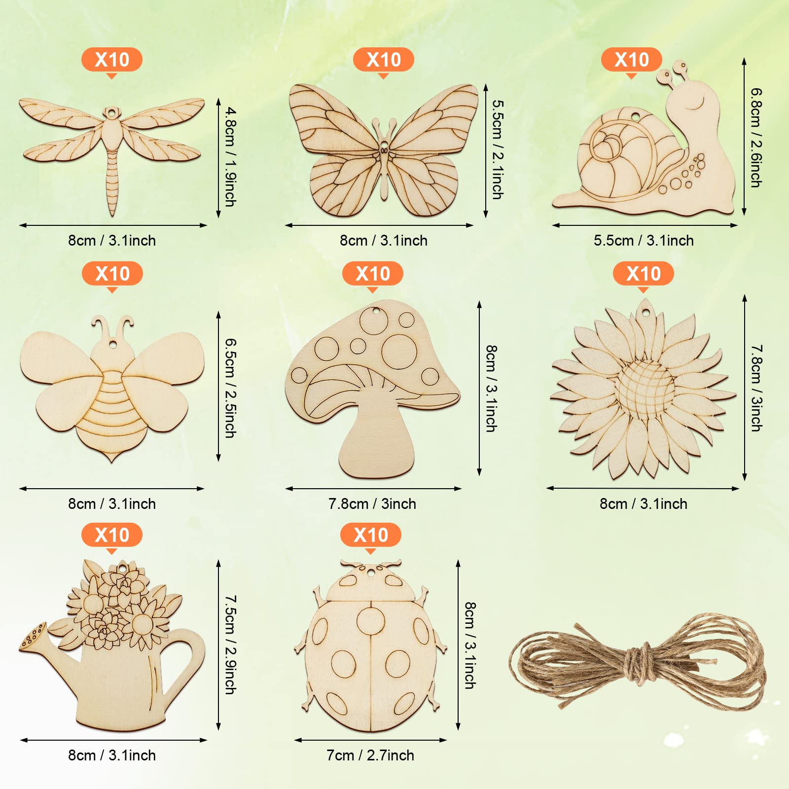 80PCS Wooden Spring Ornaments to Paint, 8 Styles DIY Blank Unfinished Wood Cutouts Ornament for Home Crafts Hanging Decorations, Insect Dragonfly Butterfly Snail Watering Can Mushroom Flower Shape